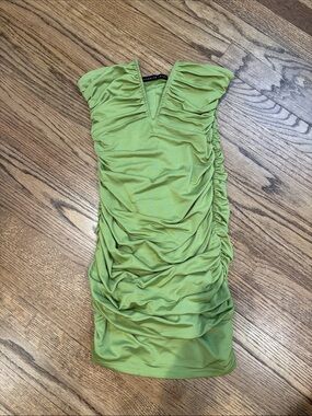 Ruched V-Neck Strapless Bodycon Mini Dress in Lime Green Small